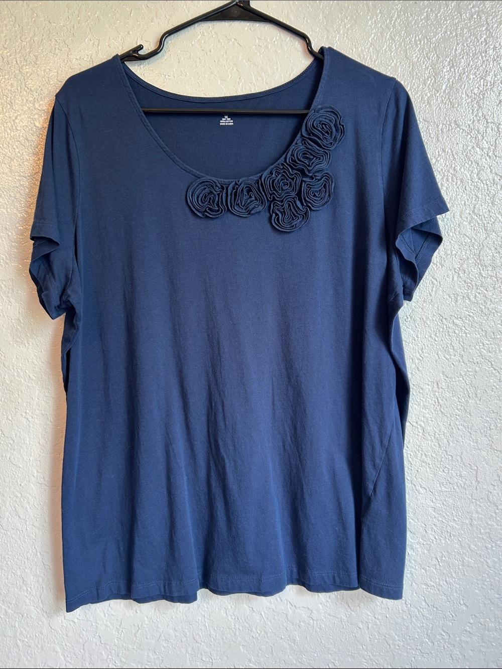 Lands End Navy Floral Applique Scoop Neck Women's Top 16-18W